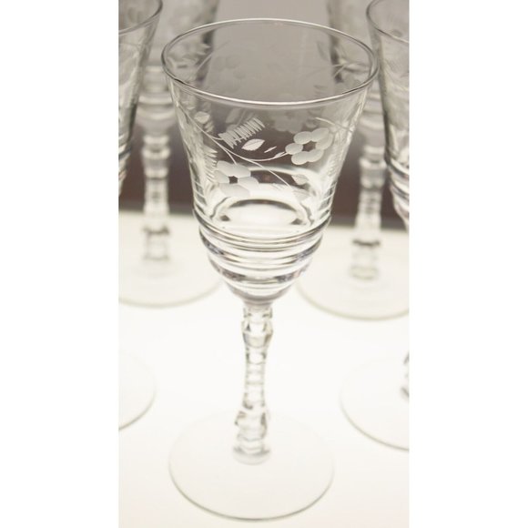 7 Rock Sharpe Halifax Water Goblet Crystal Glass Floral Etch Cut Stem Circa 40s - Picture 6 of 8